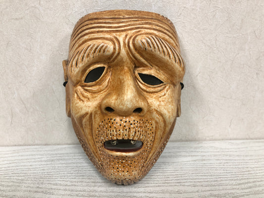 Y3797 NOH MASK wood carving Old man signed Japan antique vintage dance drama