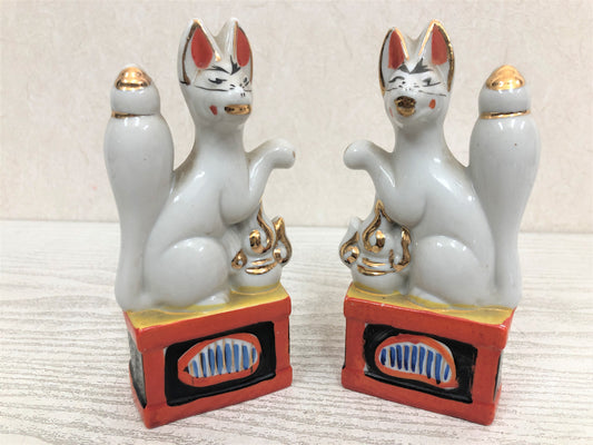 Y3821 OKIMONO Inari Fox pair ceramic figure figurine Japan vintage antique