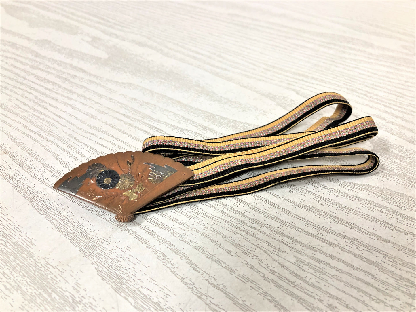 Y3845 OBIDOME Fan Sash Clip metalwork engraving Japan Kimono accessory antique