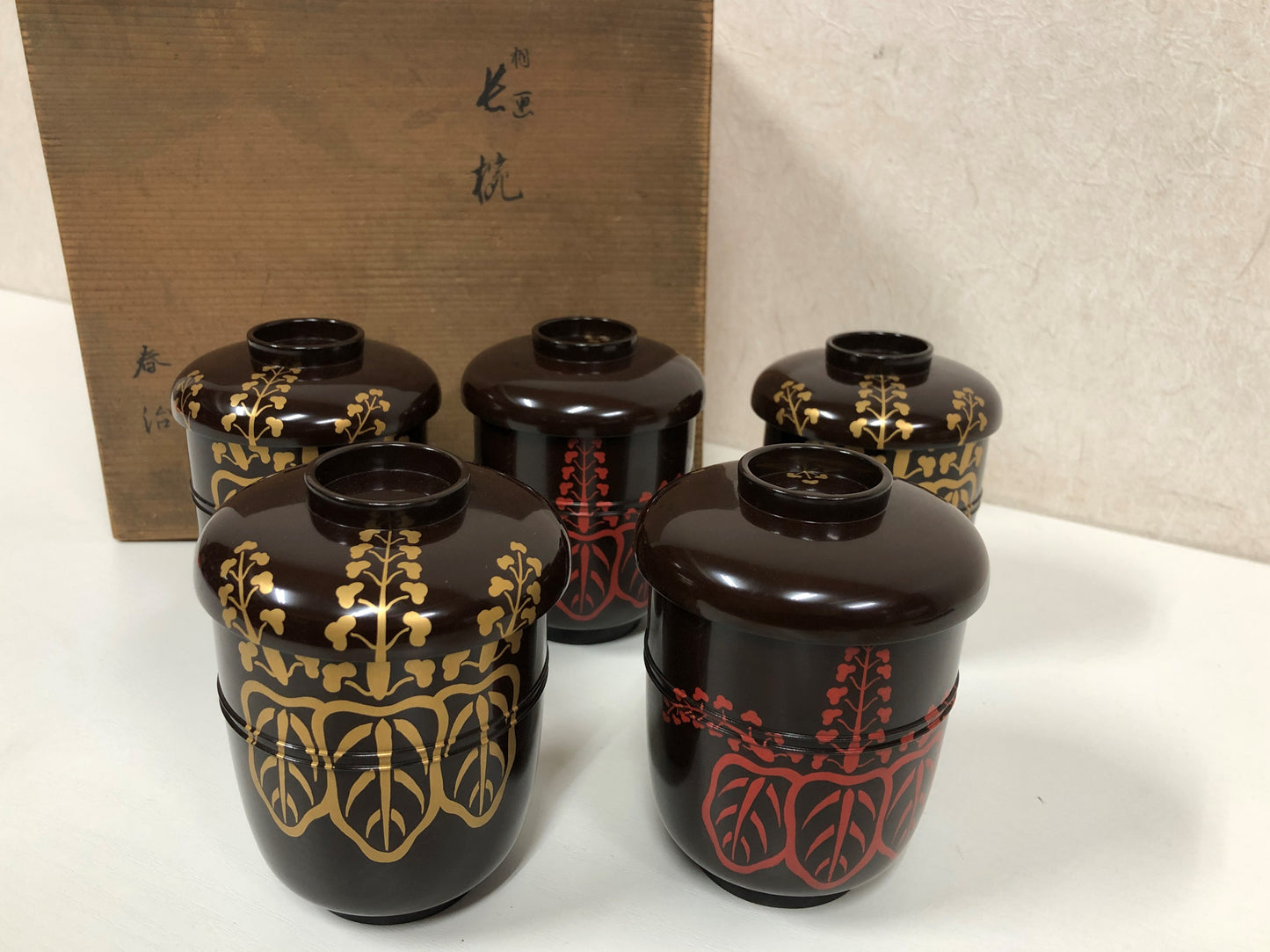 Y3908 CHAWAN Makie set of 5 Paulownia signed box Japan bowl antique tableware
