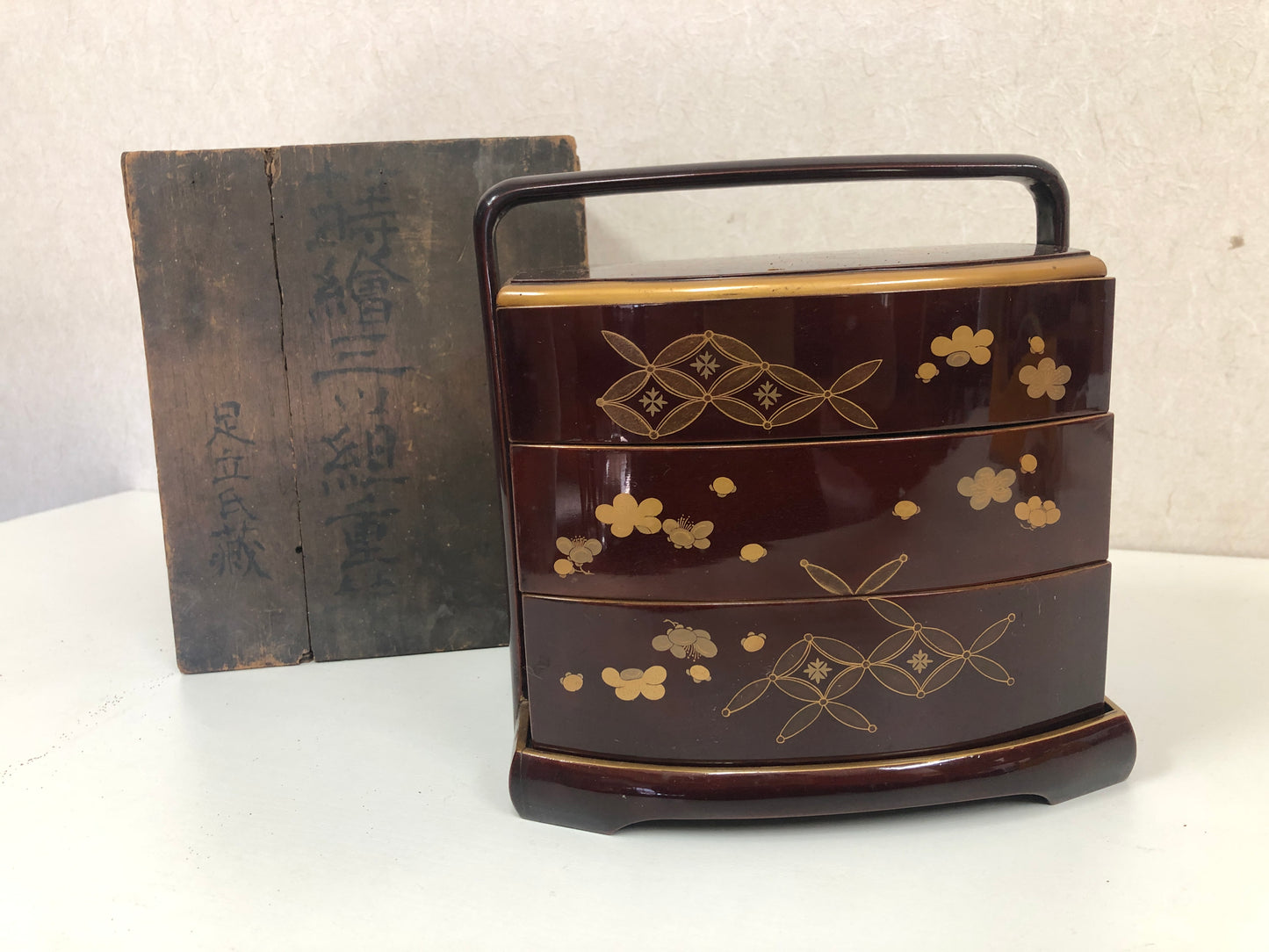 Y3910 BOX Makie three-tiered handle portable Japan antique vintage tableware