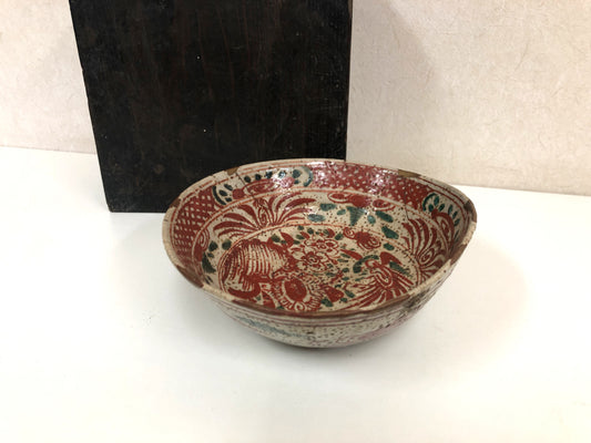 Y3919 CHAWAN Inuyama-ware red picture kintsugi box Japan confectionery bowl