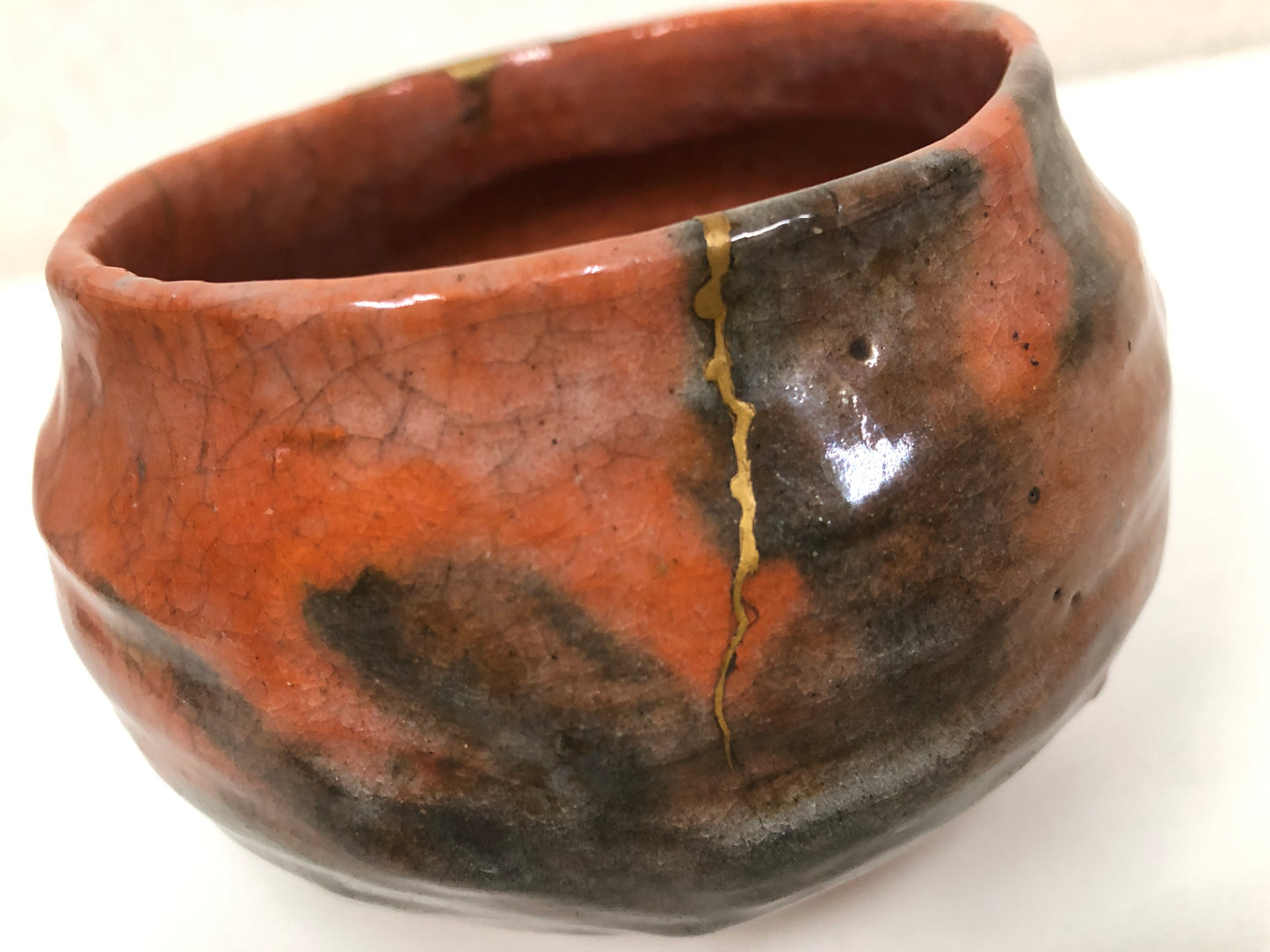 Y3936 CHAWAN Raku-ware Red kintsugi 12th Kounyu signed box Japan tea ceremony