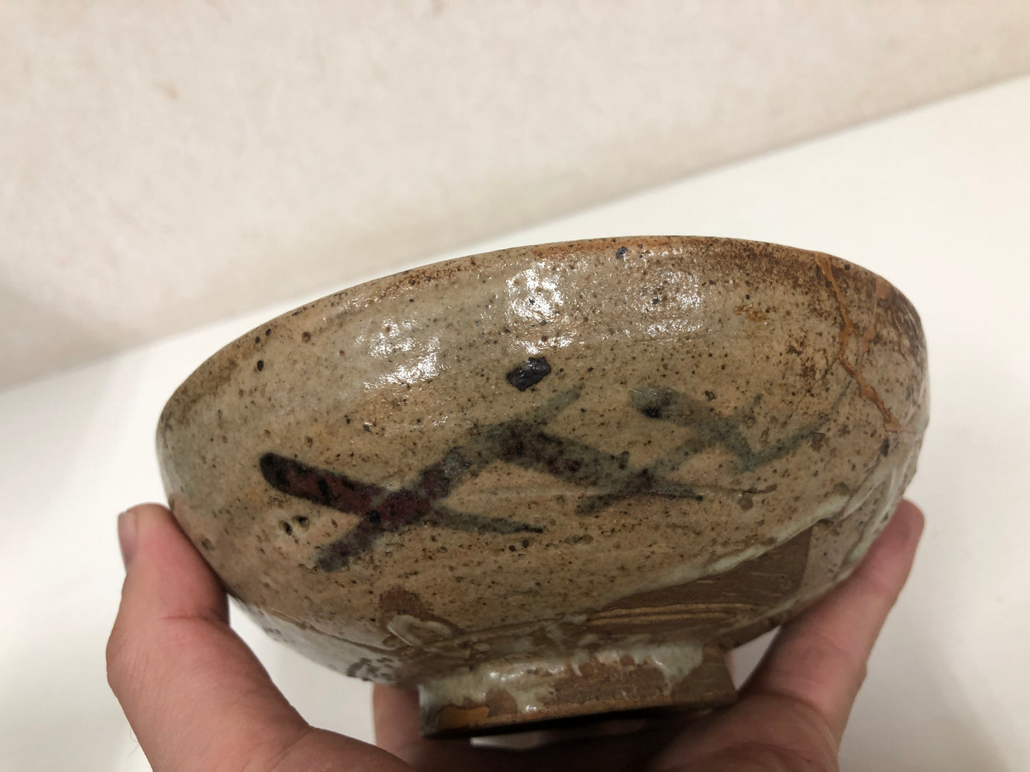 Y3940 CHAWAN Mino-ware flat kintsugi box Japan antique tea ceremony bowl pottery