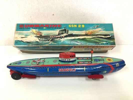 Y3972 TIN TOY Yonezawa Submarine watercraft box Japanese antique vintage