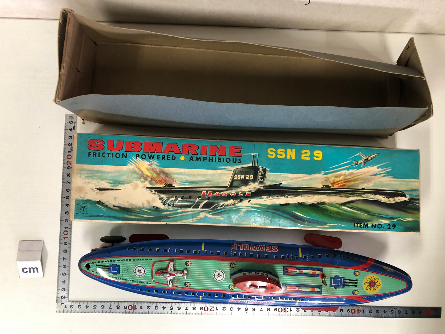 Y3972 TIN TOY Yonezawa Submarine watercraft box Japanese antique vintage
