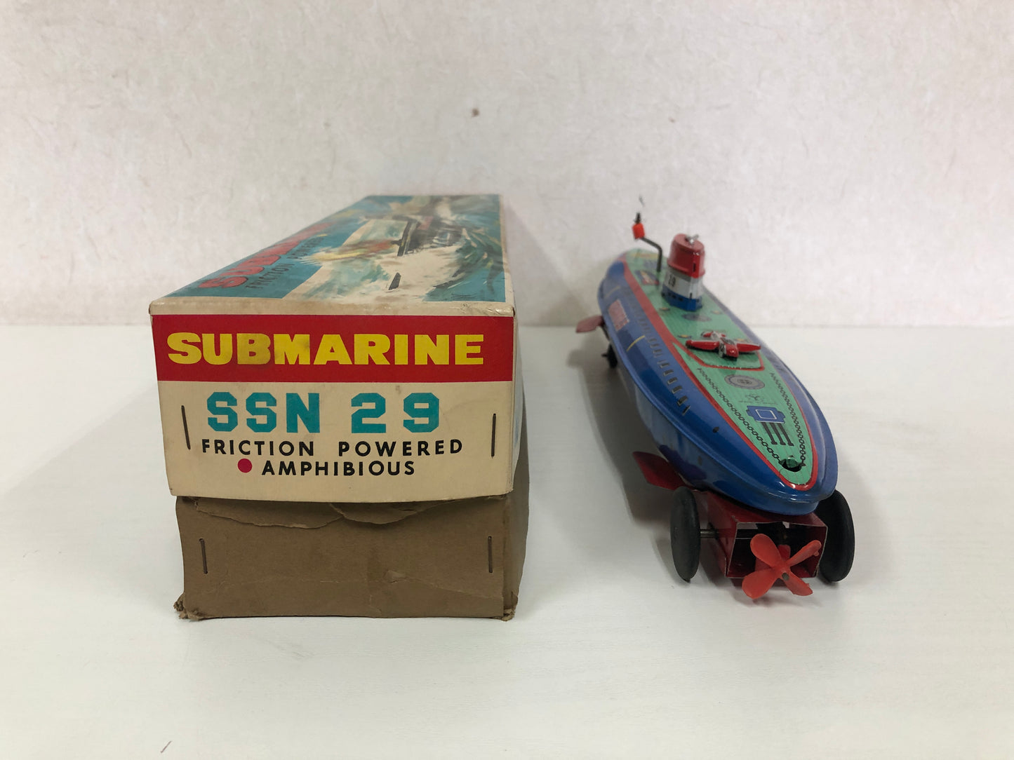 Y3972 TIN TOY Yonezawa Submarine watercraft box Japanese antique vintage