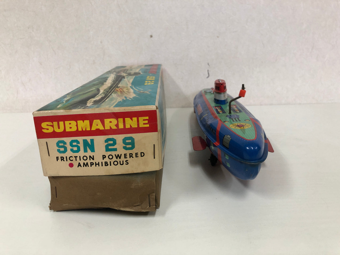 Y3972 TIN TOY Yonezawa Submarine watercraft box Japanese antique vintage