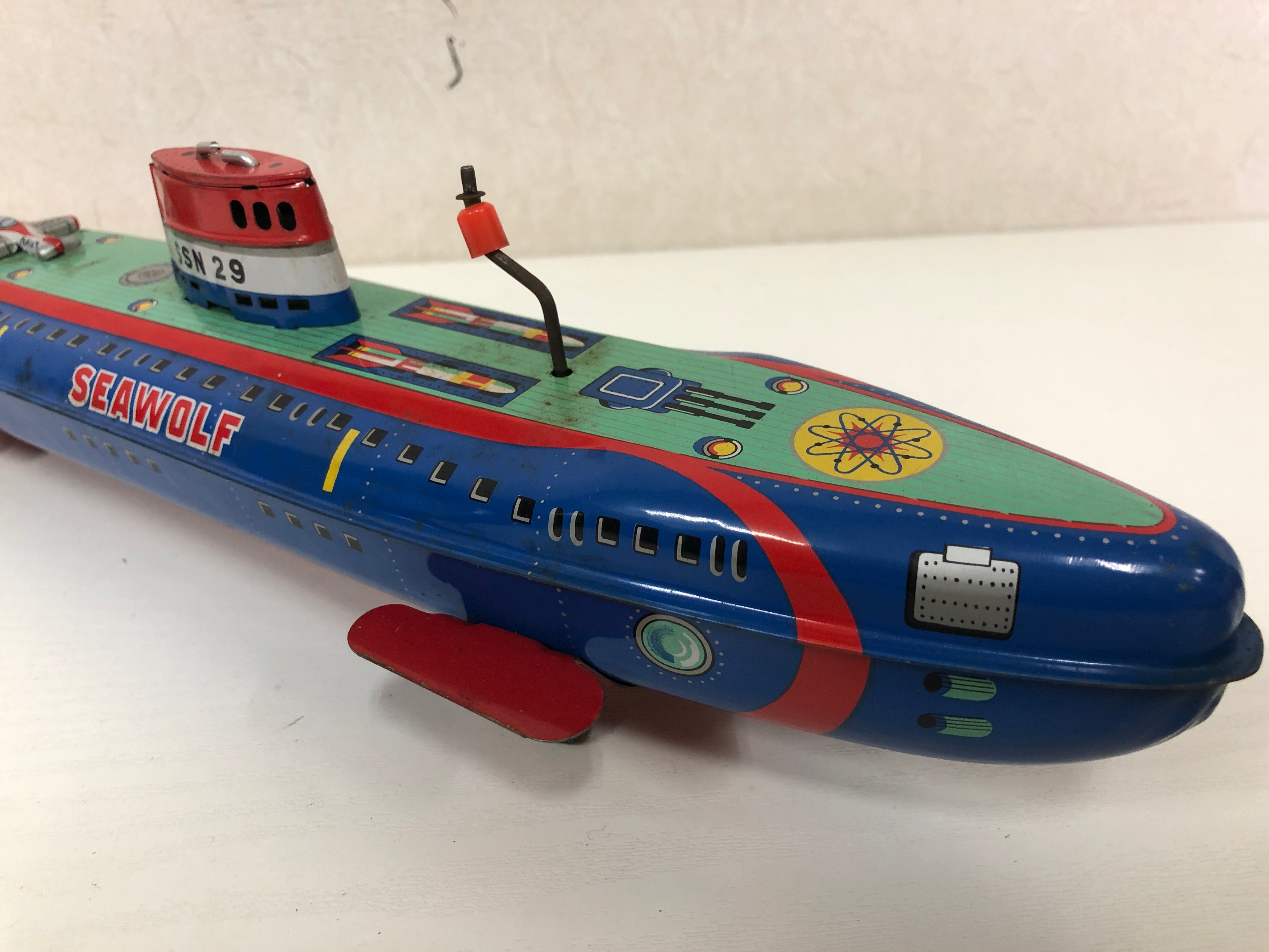 Y3972 TIN TOY Yonezawa Submarine watercraft box Japanese antique vintage