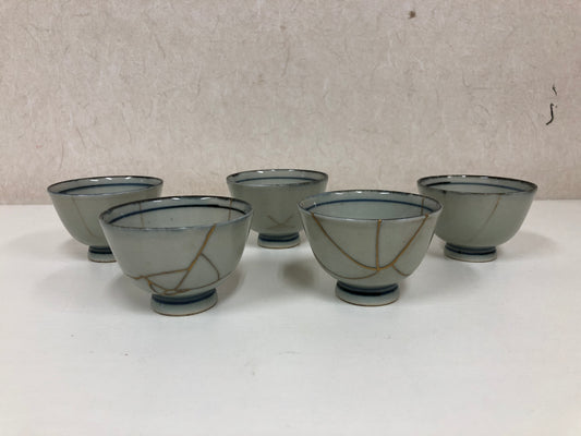 Y3980 CHAWAN Mokubei Sencha bowl set of 5 kintsugi Japan antique tea pottery