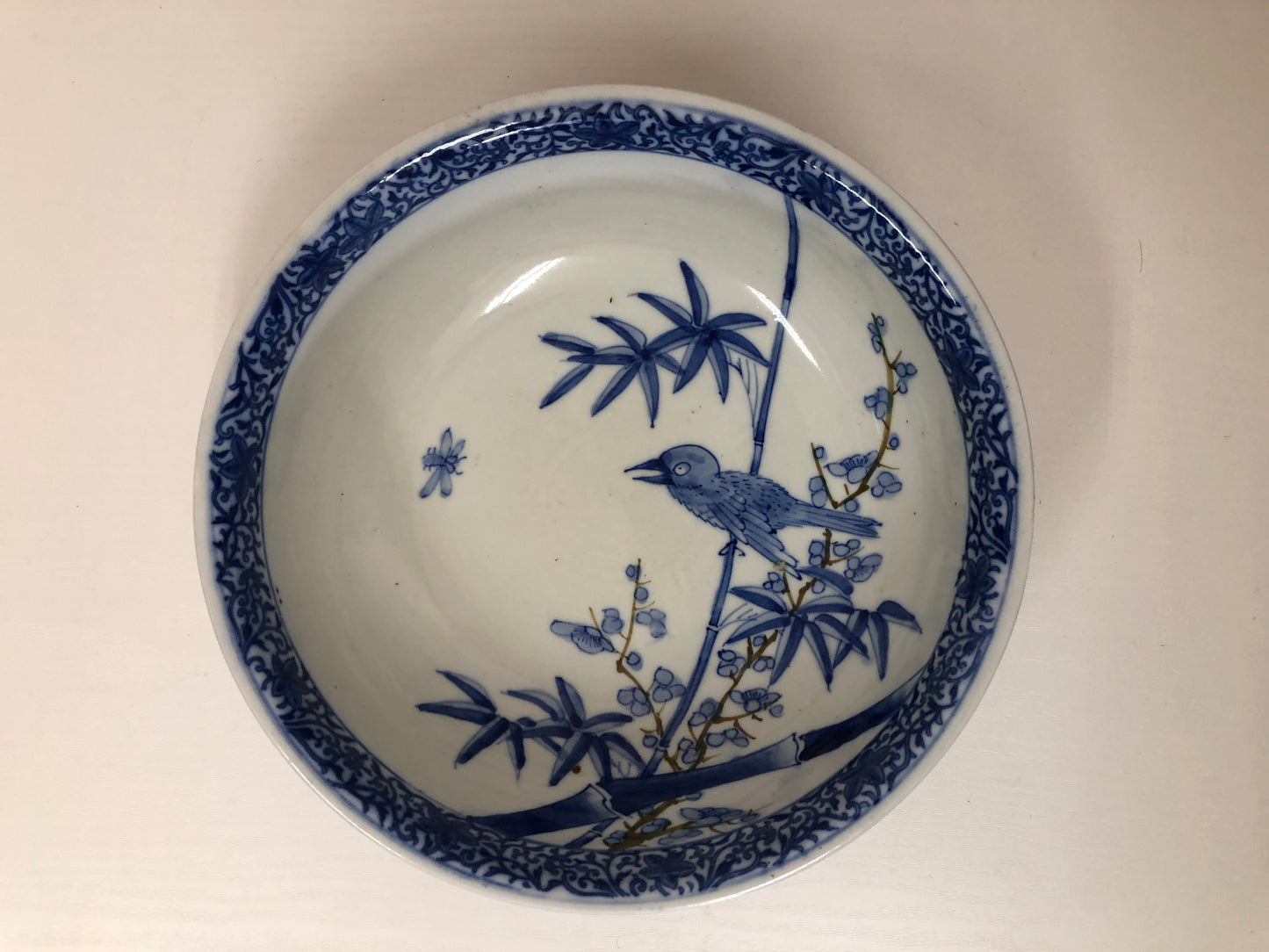 Y3985 CHAWAN Seto-ware Underglaze blue Flower Bird Japan confectionery bowl