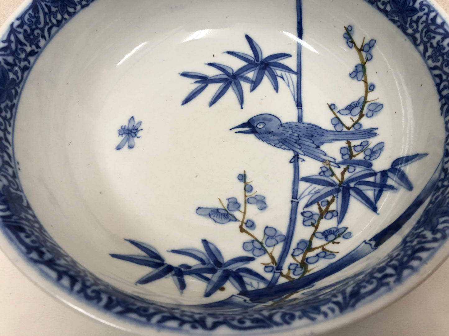 Y3985 CHAWAN Seto-ware Underglaze blue Flower Bird Japan confectionery bowl