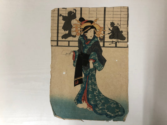 Y4007 WOODBLOCK PRINT kimono beauty no signature Japan Ukiyoe interior antique