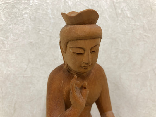 Y4019 STATUE Miroku Bosatsu plain wood carving Buddha figure Japan antique