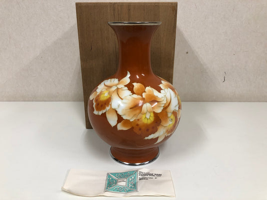 Y4029 FLOWER VASE Cloissone orange signed box Japan ikebana decor antique