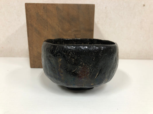 Y4040 CHAWAN Raku-ware Black box kintsugi Japan antique tea cremony pottery