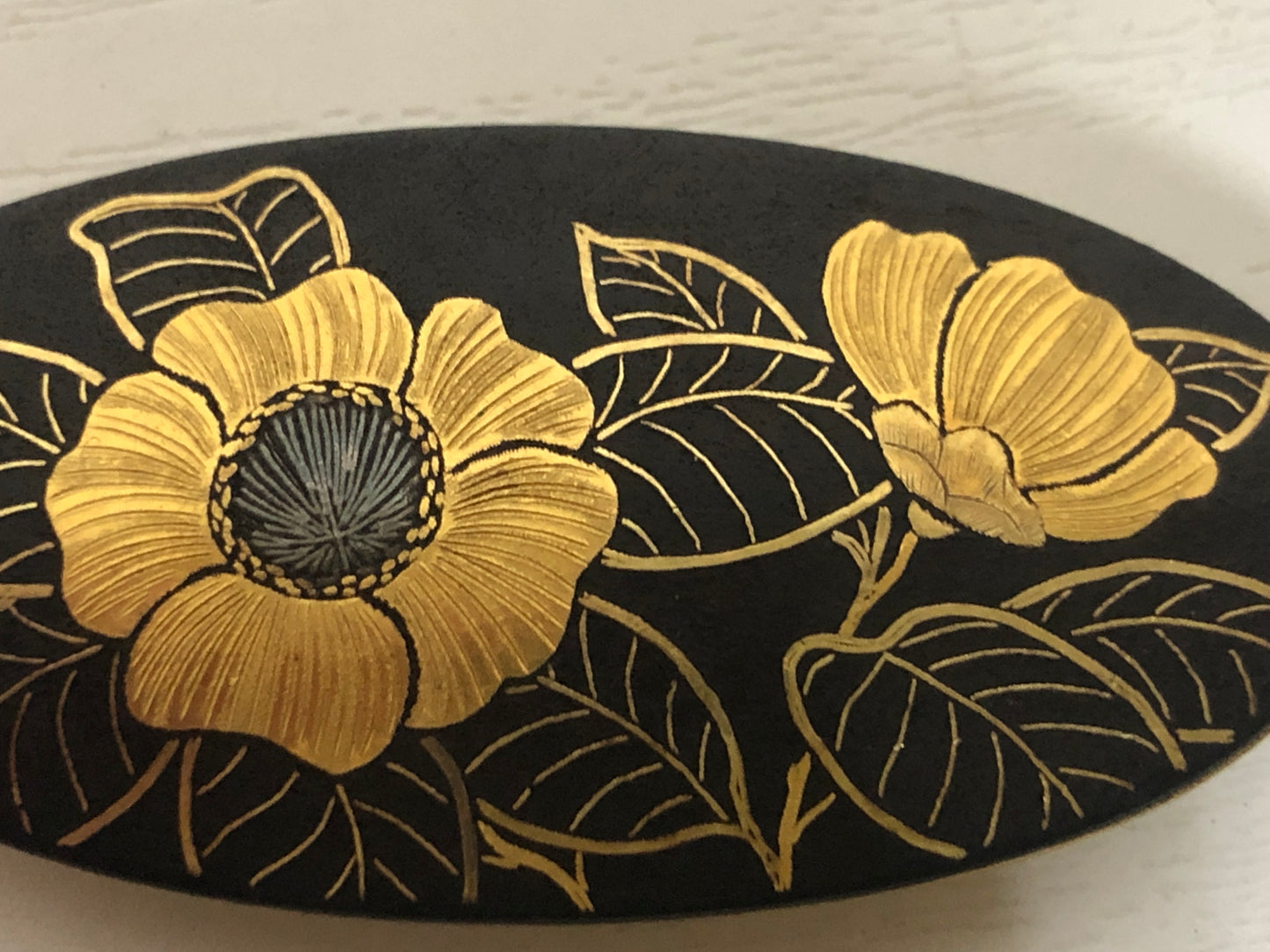 Y4081 OBIDOME Sash Clip Iron Gold inlay flower box Japan Kimono vintage antique