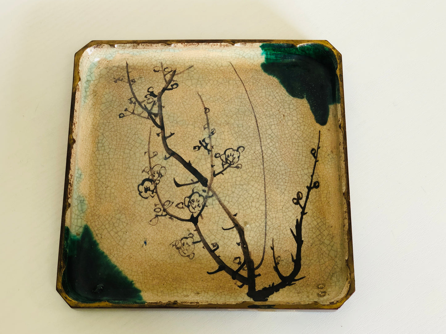 Y4102 DISH Raku-ware square Makie signed box Japan antique plate tableware