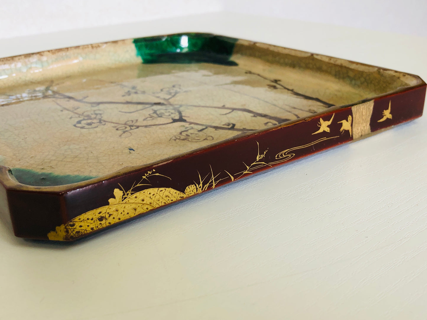 Y4102 DISH Raku-ware square Makie signed box Japan antique plate tableware