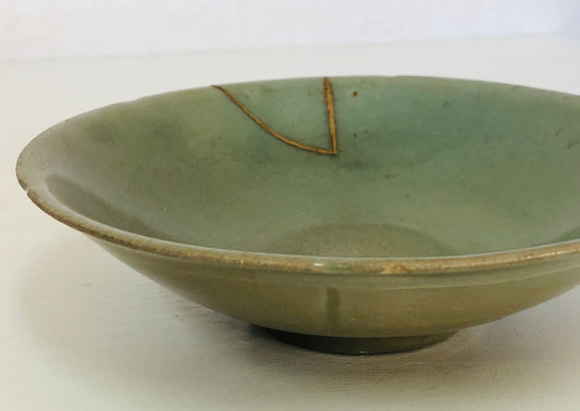 Y4105 CHAWAN Celadon kintsugi box Japan antique tea ceremony pottery bowl