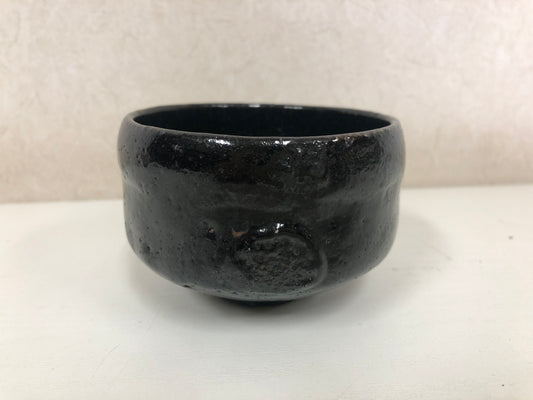 Y4109 CHAWAN Raku-ware Black travel Japan antique tea ceremony pottery bowl