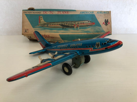 Y4136 TIN TOY Airplane DC-7C plane American Airlines box Japan antique vintage