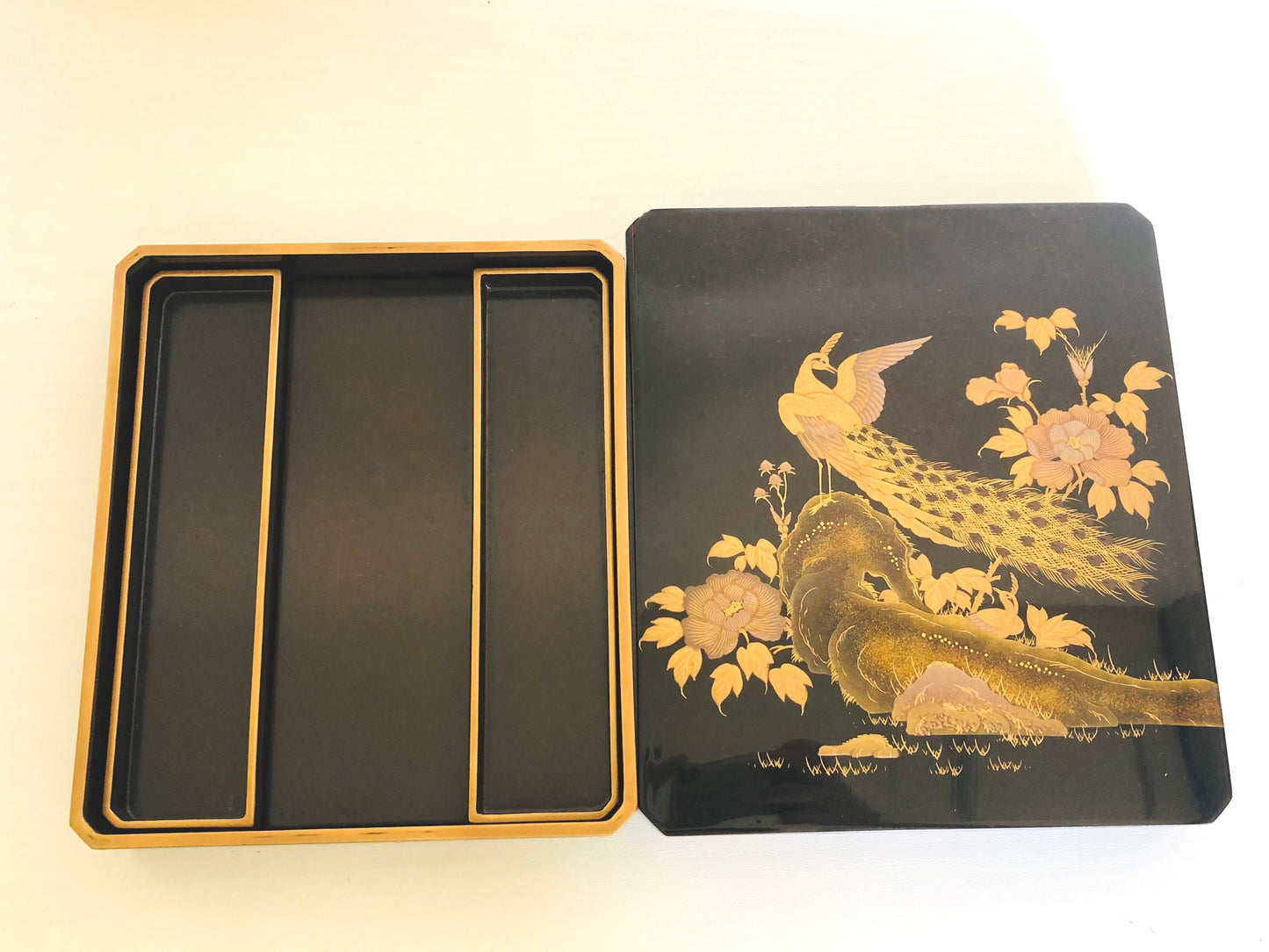 Y4167 BOX Makie Suzuri case flower bird signed Japan antique vintage storage
