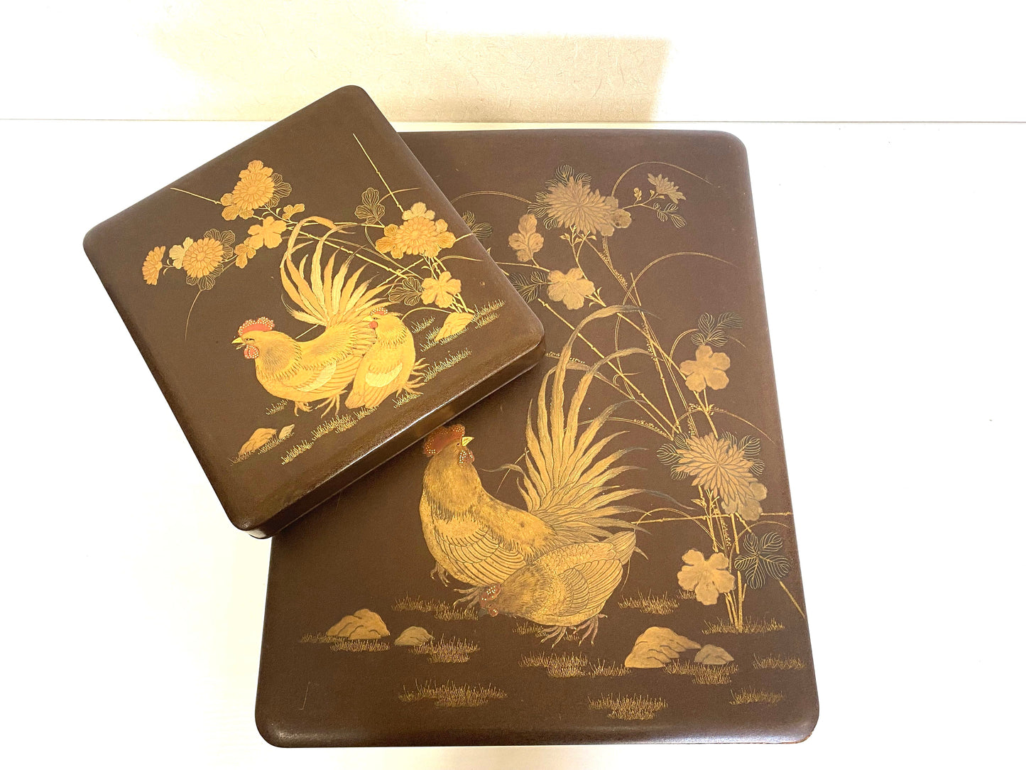 Y4170 BOX Makie Letter Suzuri case Set flower bird Japan antique vintage storage