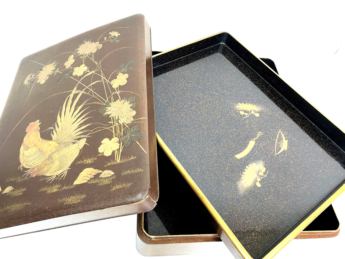Y4170 BOX Makie Letter Suzuri case Set flower bird Japan antique vintage storage