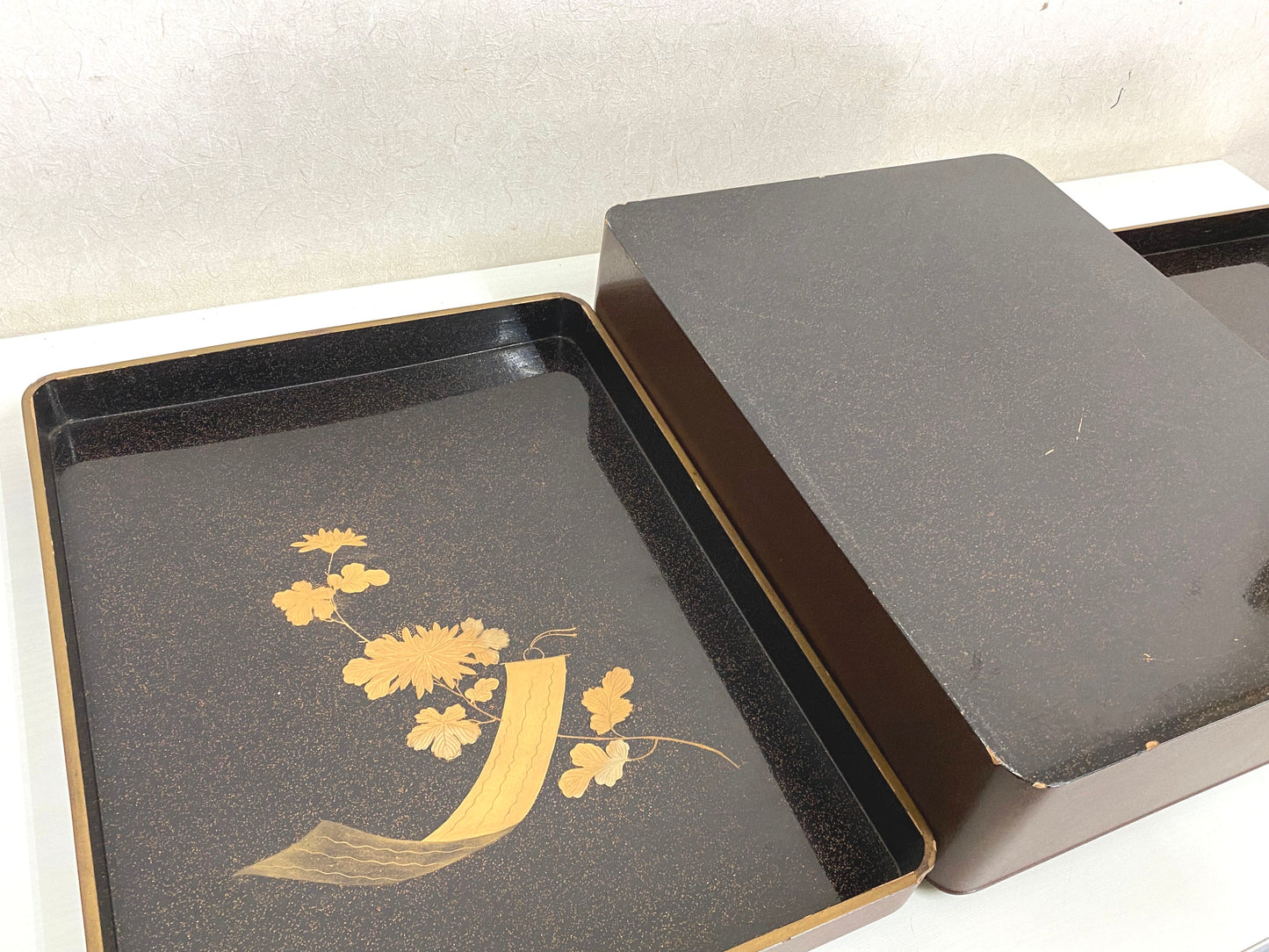 Y4170 BOX Makie Letter Suzuri case Set flower bird Japan antique vintage storage