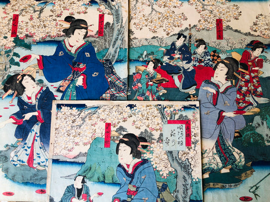 Y4188 WOODBLOCK PRINT Kunisada Cherry-blossom viewing triptych Japan Ukiyoe art