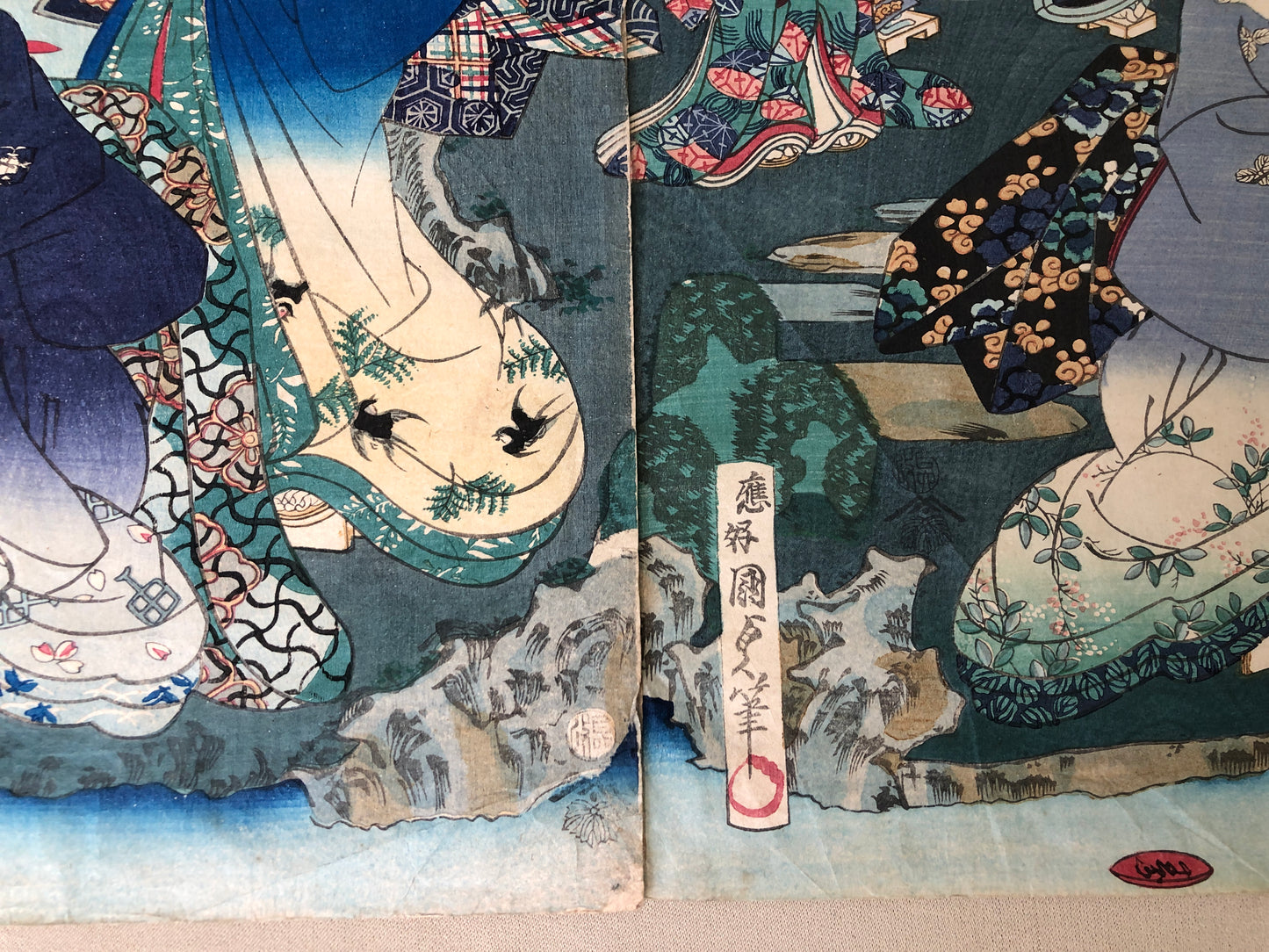 Y4188 WOODBLOCK PRINT Kunisada Cherry-blossom viewing triptych Japan Ukiyoe art