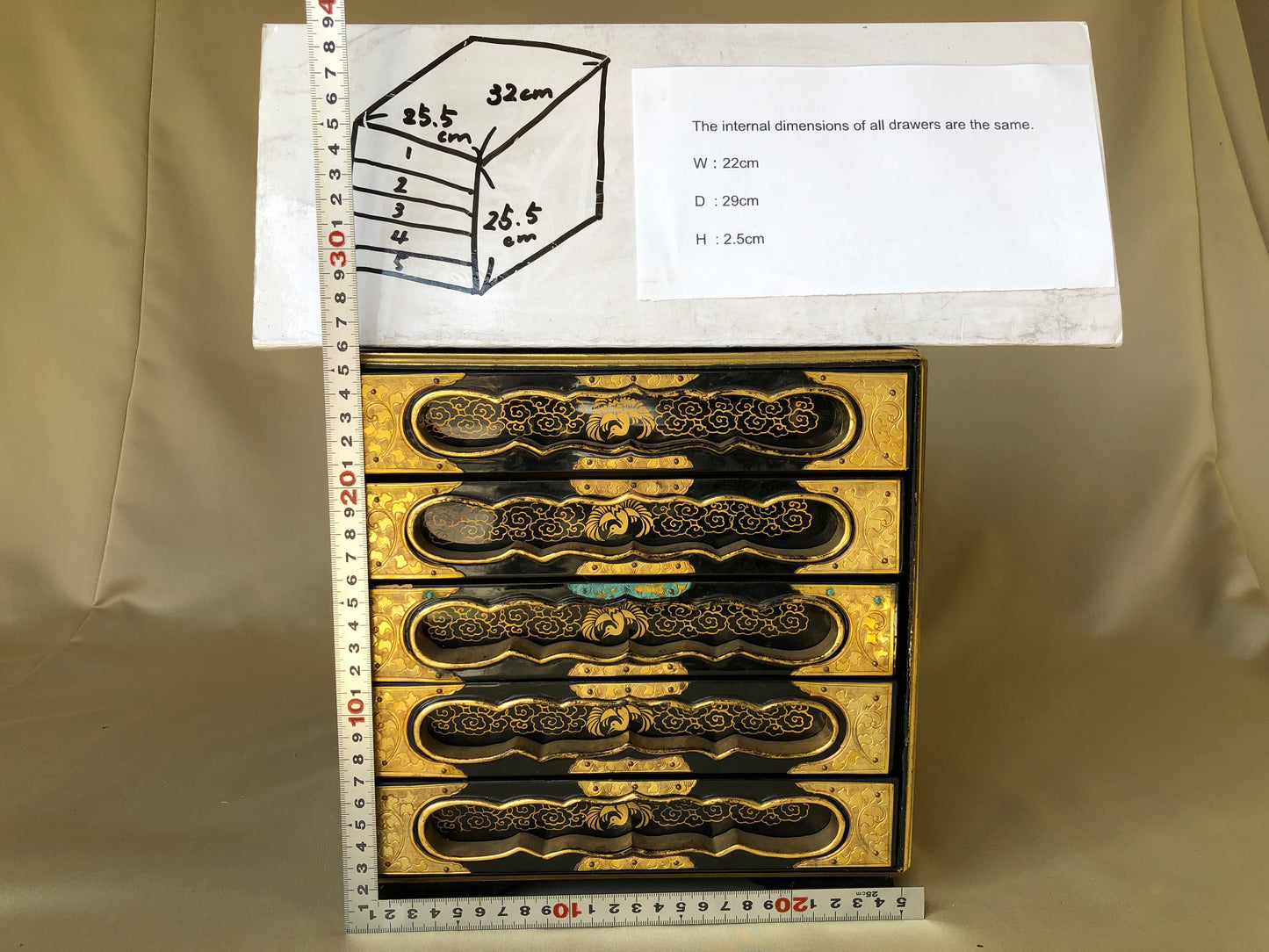 Y4206 TANSU Makie chest 5 drawers textbook storage Japan antique vintage