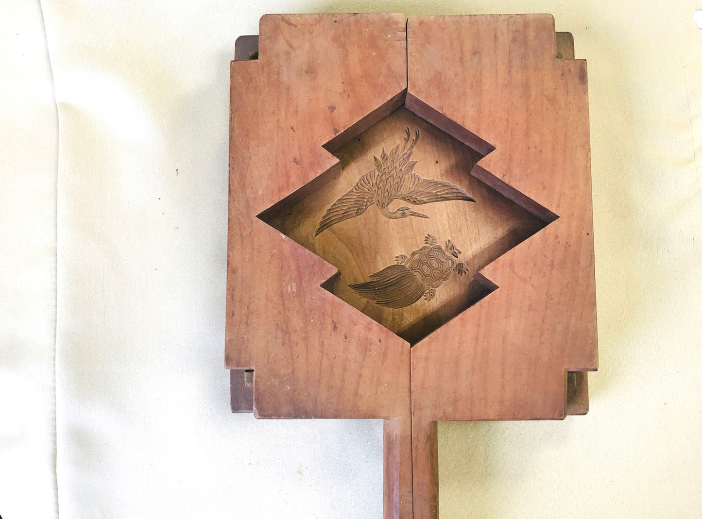 Y4224 KASHIGATA Crane Turtle handle Japan antique Wooden Pastry Mold wagashi