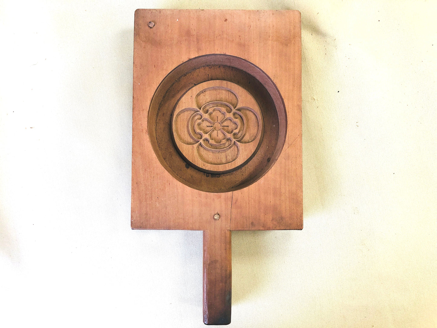 Y4225 KASHIGATA Family Crest handle Japan antique Wooden Pastry Mold wagashi