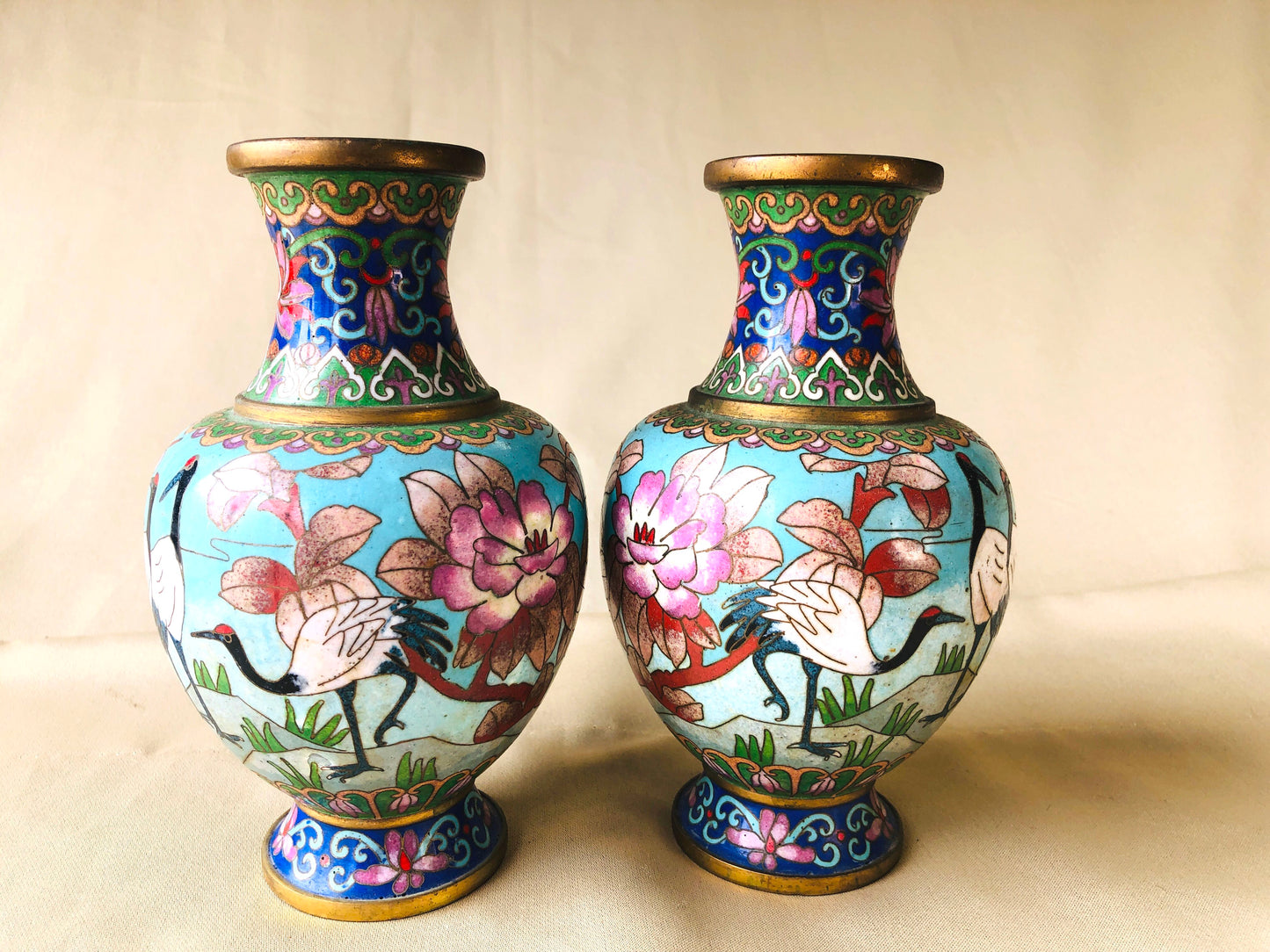 Y4231 FLOWER VASE Chinese Cloisonne pair  China ikebana decor antique interior