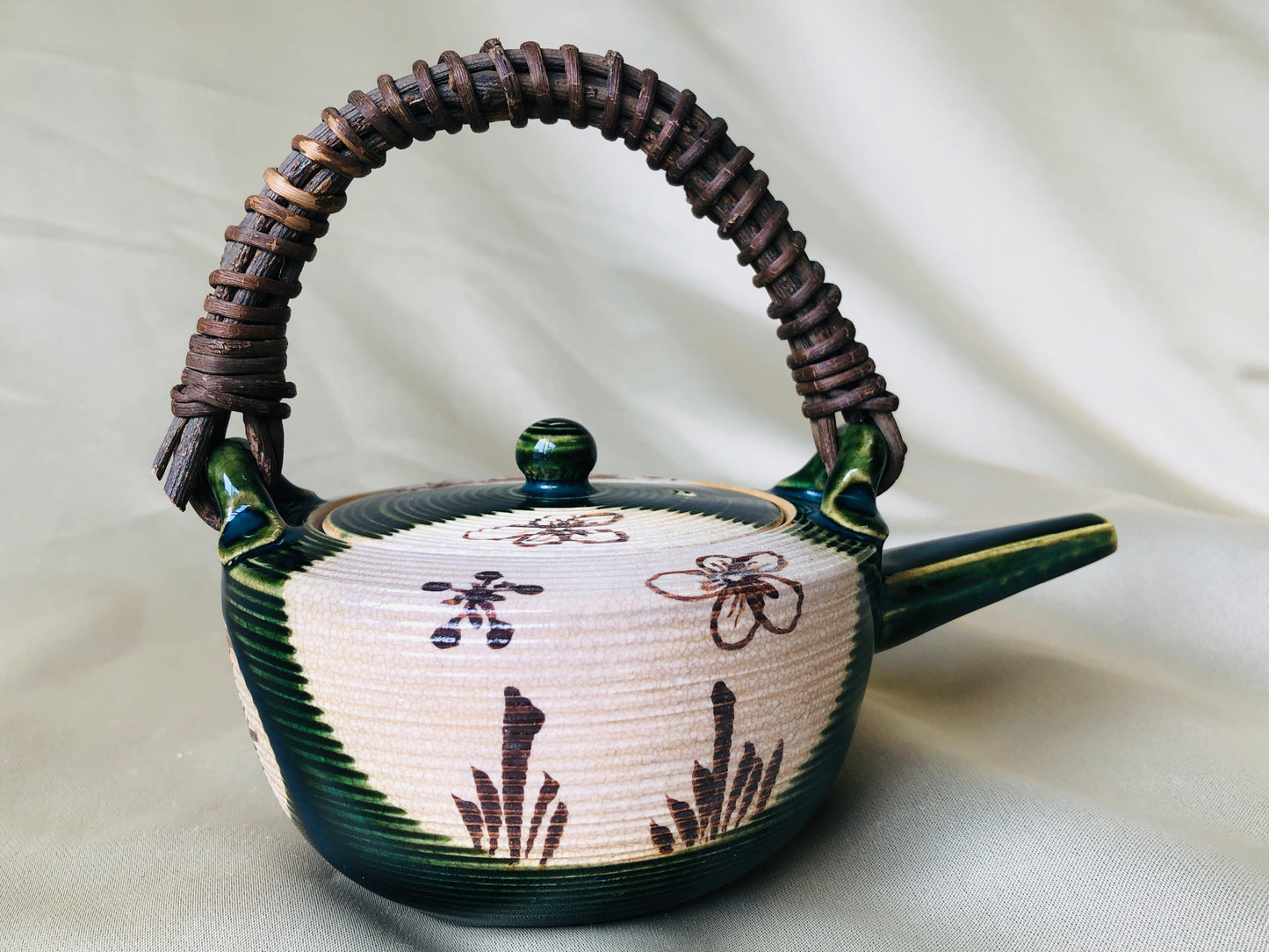 Y4249 TEA POT Oribe-ware teapot signed box antique Japan vintage tableware