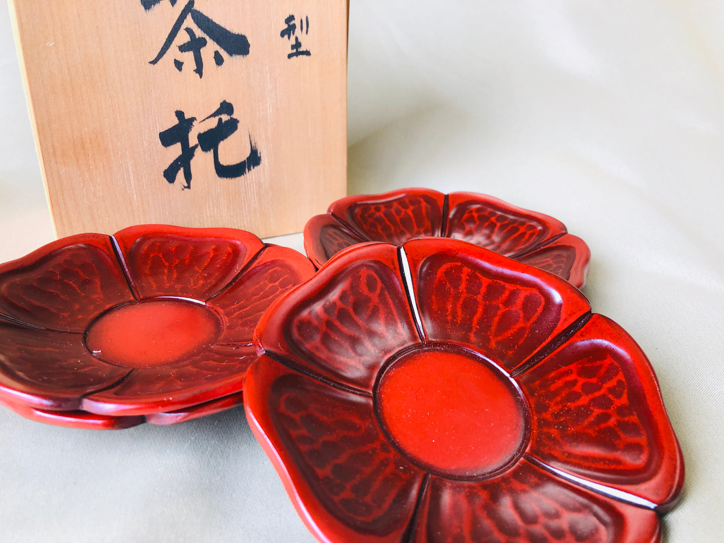 Y4256 DISH Chataku saucer Lacquer cup holder flower set of 5 box Japan antique