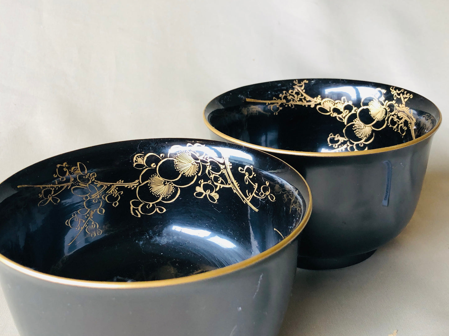 Y4280 HAISEN Chinkin Makie gold inlay Wash Basin pair bowl Japan antique vintage