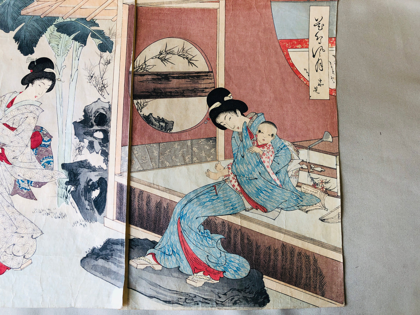 Y4298 WOODBLOCK PRINT Chikanobu triptych kimono beauty Japan Ukiyoe art antique