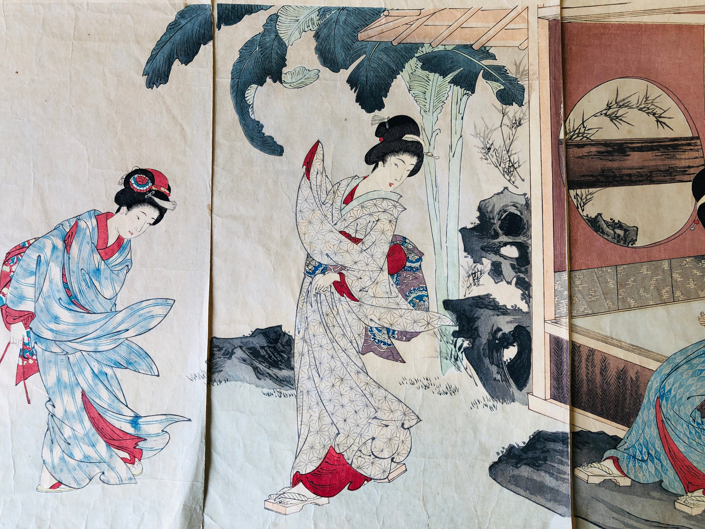 Y4298 WOODBLOCK PRINT Chikanobu triptych kimono beauty Japan Ukiyoe art antique