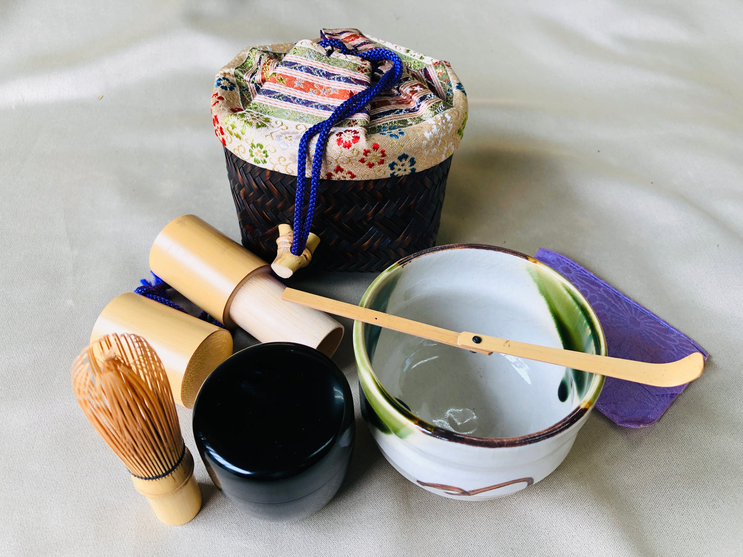 Y4309 Bamboo Woven Basket Open-air Tea Ceremony Utensils set Japan antique