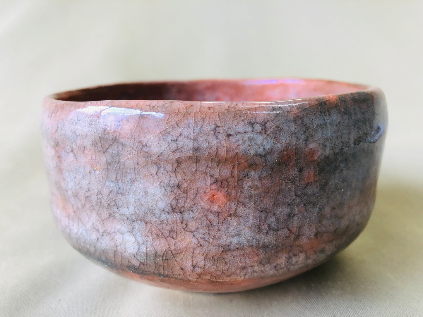 Y4349 CHAWAN Raku-ware signed red Japan antique tea ceremony pottery bowl