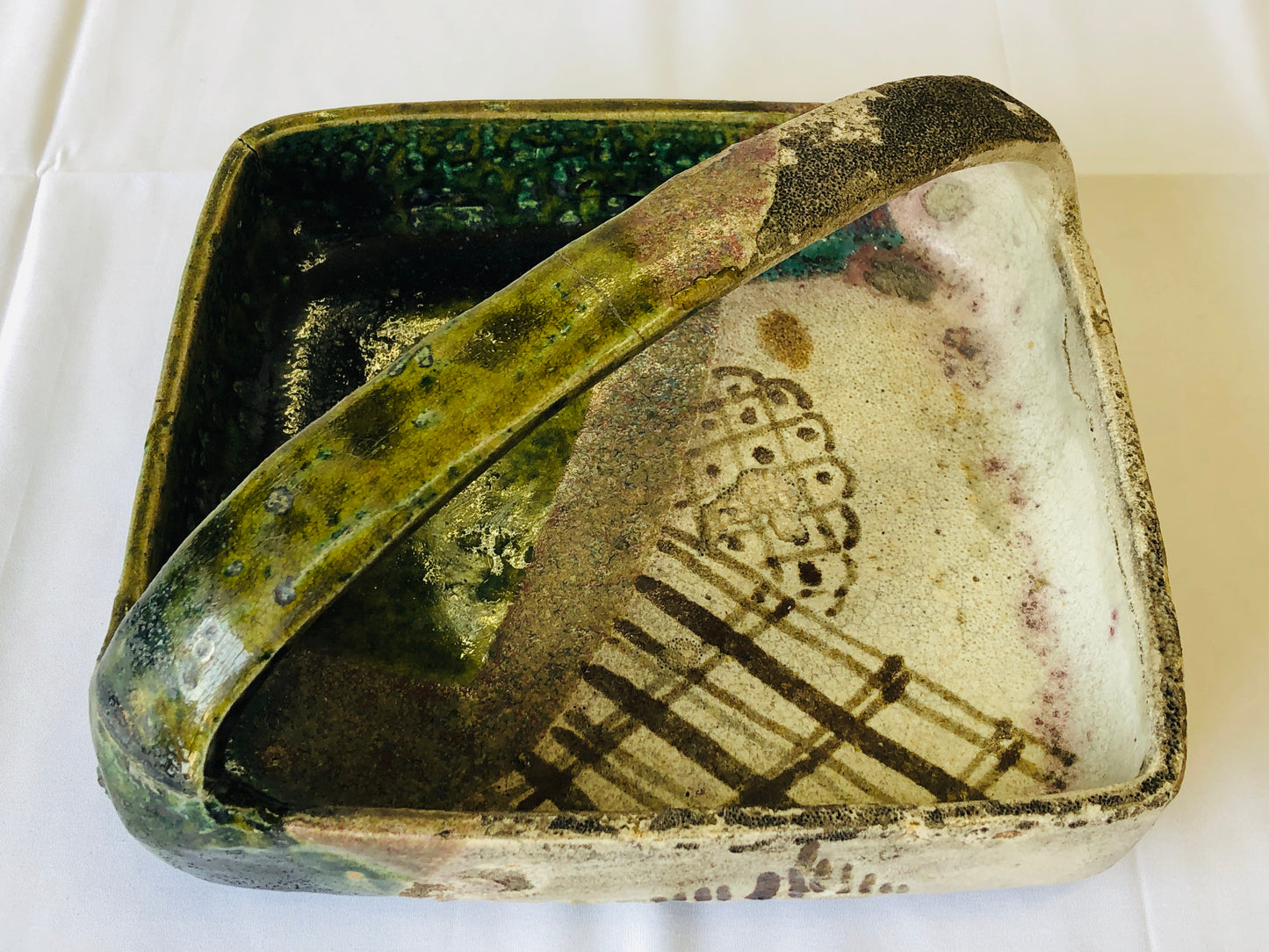 Y4376 DISH Oribe-ware handle box platter Japan antique pottery tableware