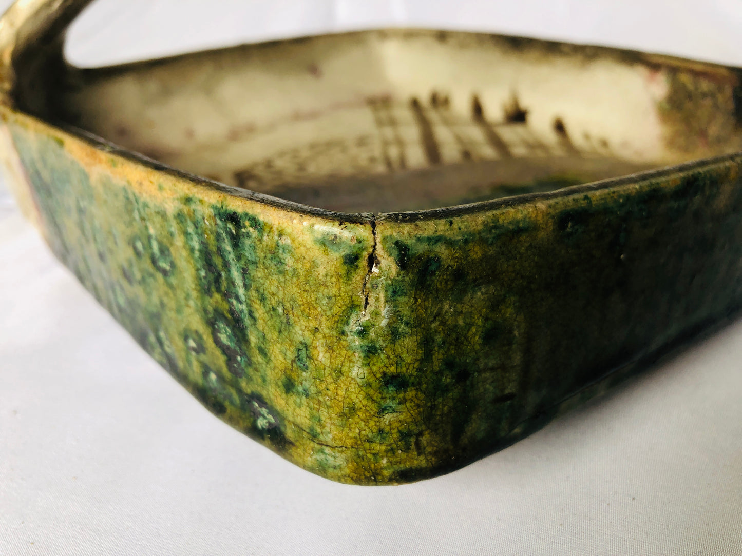 Y4376 DISH Oribe-ware handle box platter Japan antique pottery tableware