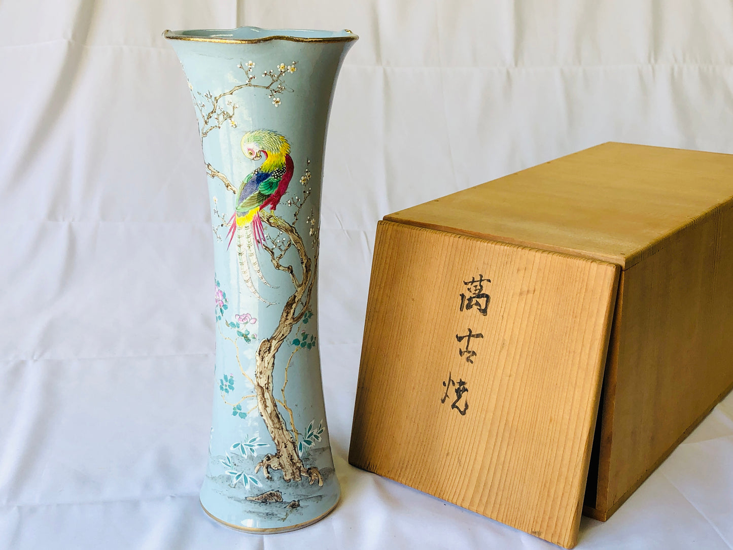 Y4390 FLOWER VASE Banko-ware box color picture Japan ikebana antique interior