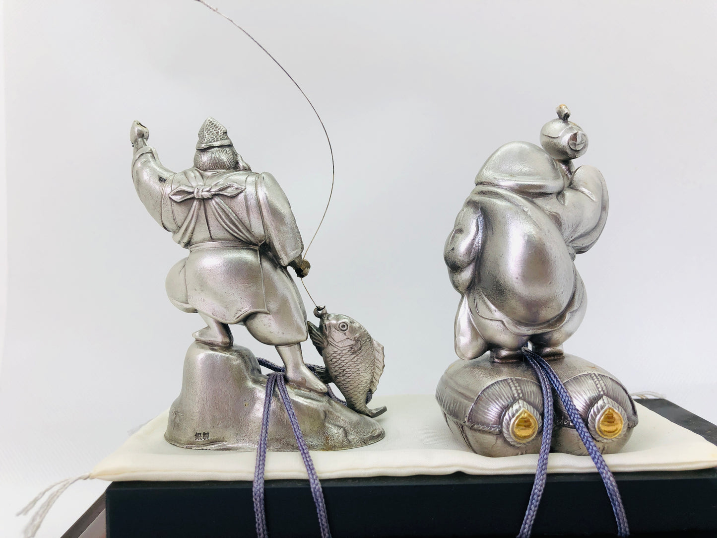 Y4413 STATUE Silver Ebisu Daikoku figure glass case Japan vintage antique decor