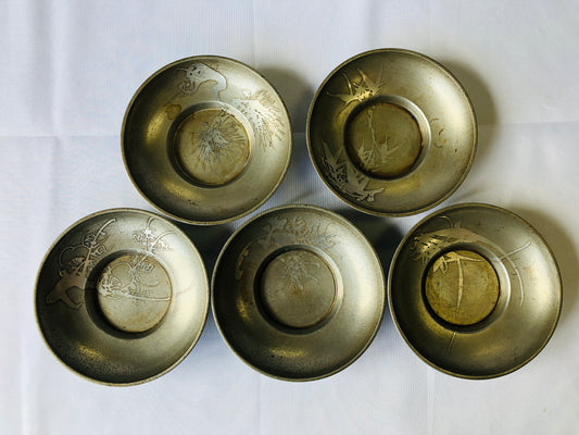 Y4497 DISH Tin Chataku Saucer Cup Holder Coaster set of 5 signed Japan antique