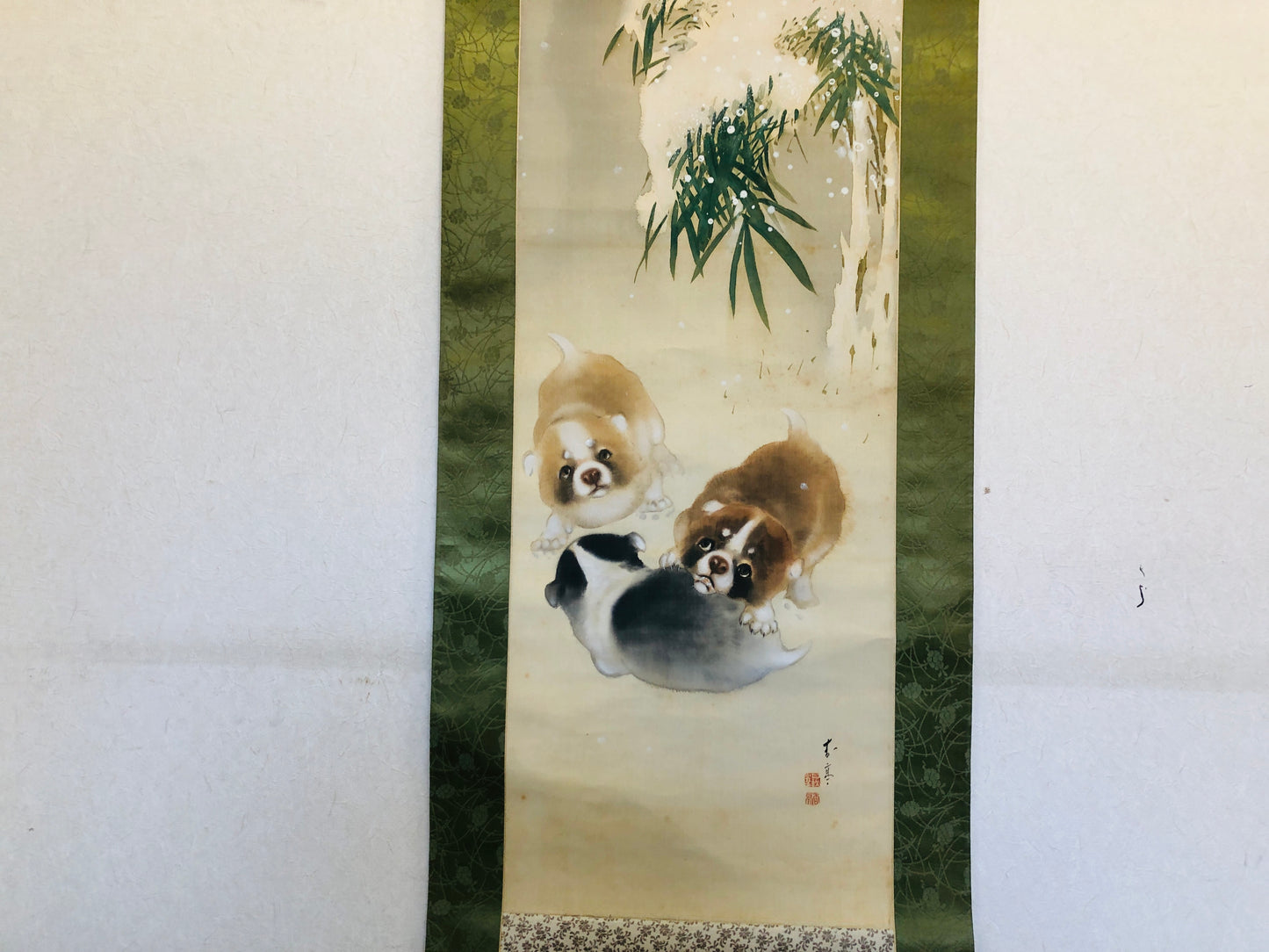 Y4514 KAKEJIKU Dogs signed box animal Japan hanging scroll wall decor interior