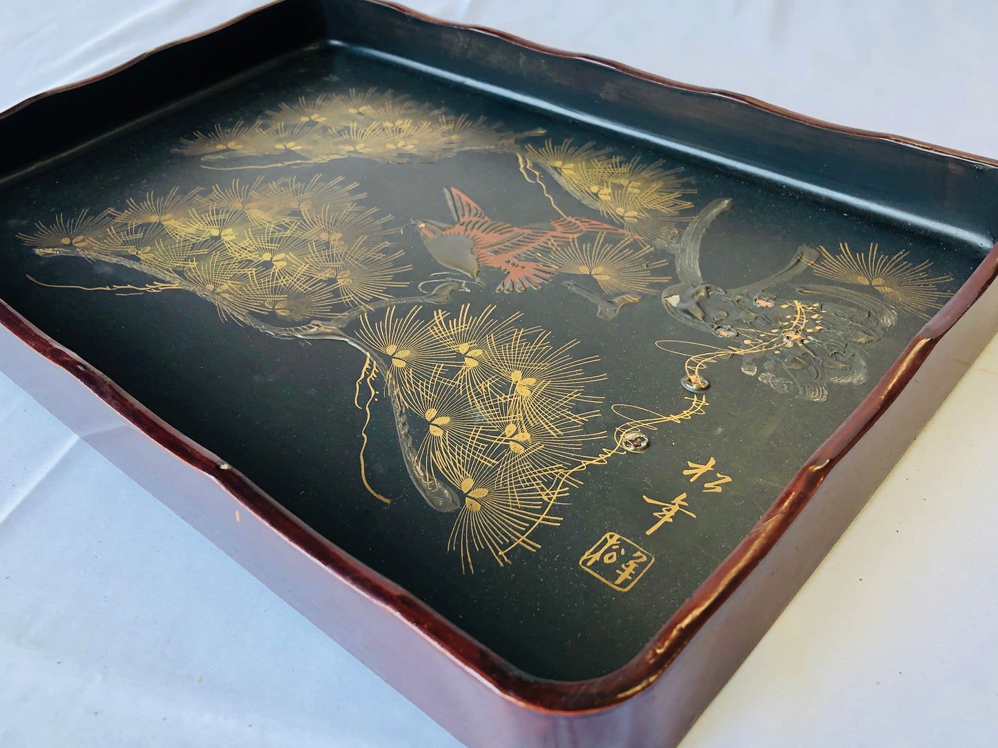 Y4528 TRAY Makie lacquer OBON OZEN wooden tableware  Japan antique kitchen
